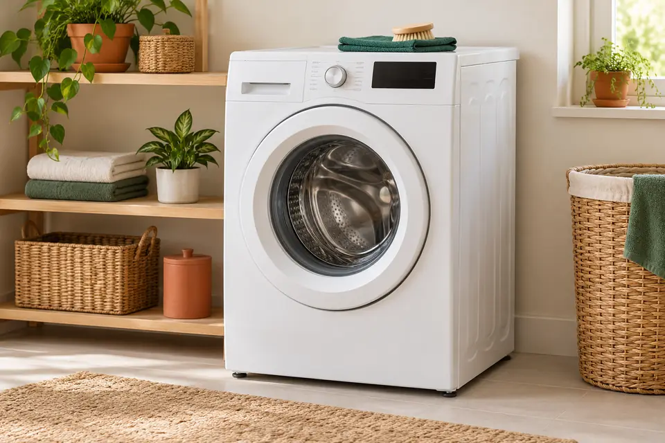 Máquina de lavar roupas frontal em uma lavanderia doméstica organizada