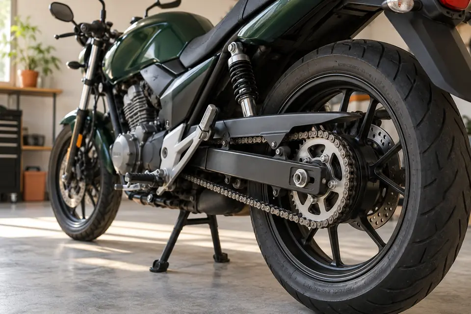 Roda traseira de motocicleta com corrente e coroa de transmissão visíveis